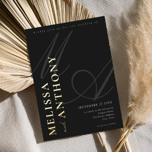 Invitación Con Relieve Metalizado Boda negra y dorada minimalista elegante moderna