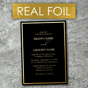 Invitación Con Relieve Metalizado Boda Negra y Dorada Moderna con Hojuela de Oro Rea