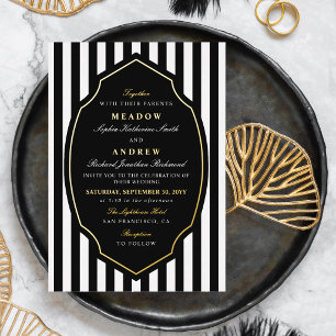 Invitación Con Relieve Metalizado Boda Negro Blanco & Oro Con Rayas