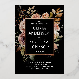 Invitación Con Relieve Metalizado Boda negro de color dorado floral de la cascada el