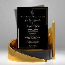 Invitación Con Relieve Metalizado Boda negro de la tipografía moderna de Faux Gold P