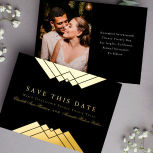 Invitación Con Relieve Metalizado Boda Negro Geométrico Dorado Salva la Fecha