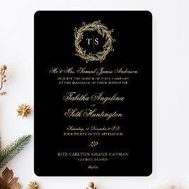 Invitación Con Relieve Metalizado Boda negro monograma moderno oro