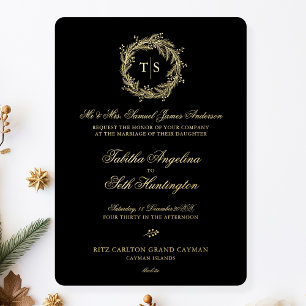 Invitación Con Relieve Metalizado Boda negro monograma moderno oro