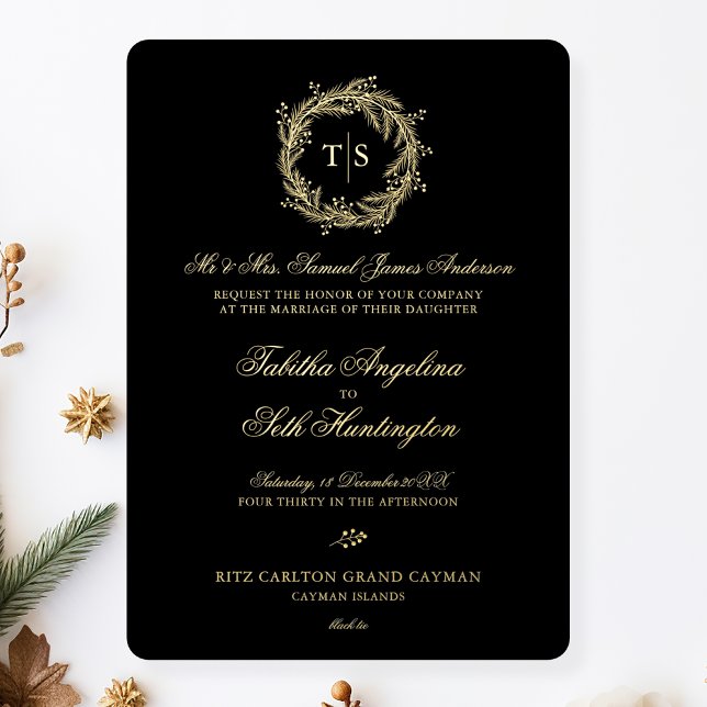 Invitación Con Relieve Metalizado Boda negro monograma moderno oro (Subido por el creador)