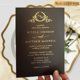 Invitación Con Relieve Metalizado Boda negro premium Real Gold Elegante Monograma
