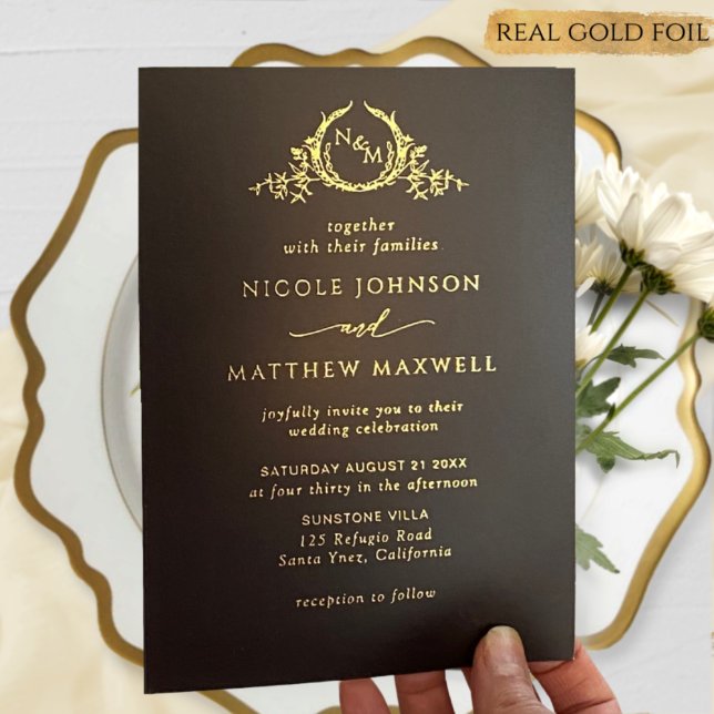Invitación Con Relieve Metalizado Boda negro premium Real Gold Elegante Monograma (Subido por el creador)