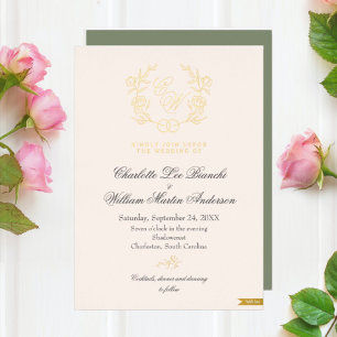 Invitación Con Relieve Metalizado Boda Neutral Verde y Beige