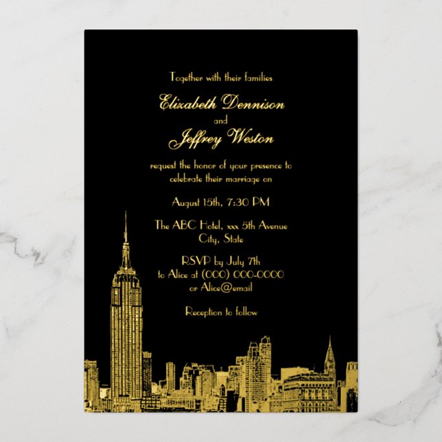 Invitación Con Relieve Metalizado Boda NYC Skyline ESB Etch (Anverso)