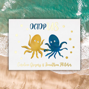 Invitación Con Relieve Metalizado Boda oceánico de la Marina Cuta y el pulpo dorado