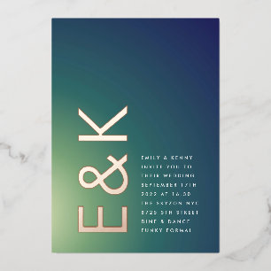 Invitación Con Relieve Metalizado Boda Ombre Verde Azul Gradiente Ultra Moderna