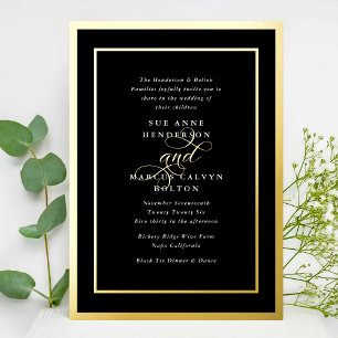 Invitación Con Relieve Metalizado Boda Onyx Formal Calligraphy Golden Frames