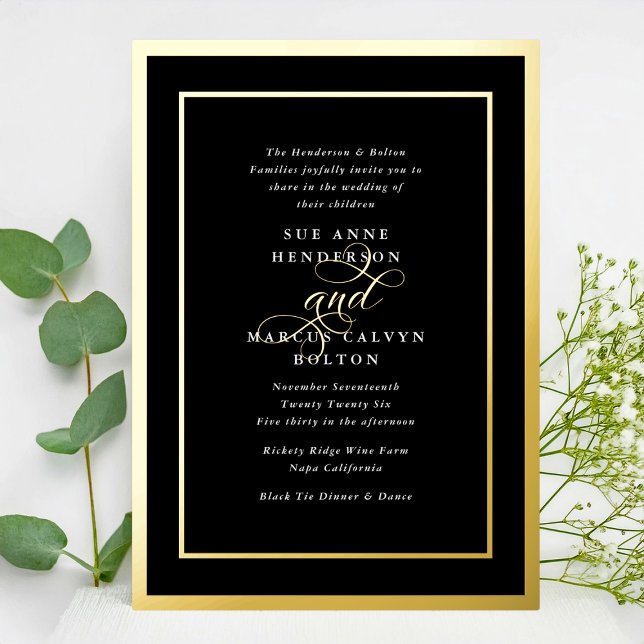 Invitación Con Relieve Metalizado Boda Onyx Formal Calligraphy Golden Frames (Subido por el creador)