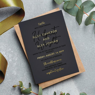 Invitación Con Relieve Metalizado Boda Onyx Gris y Dorado junto con los padres