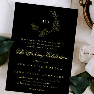 Invitación Con Relieve Metalizado Boda Onyx Monograma De La Guirnalda Floral De Oro 