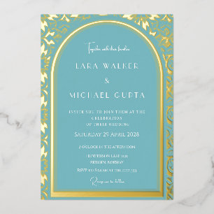 Invitación Con Relieve Metalizado Boda Opulencia Azul (Punteada Retro) Hoja