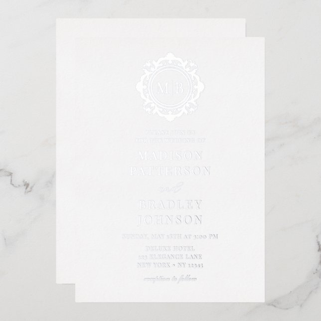 Invitación Con Relieve Metalizado Boda Ornate Floral Monograma Elegante (Anverso/Reverso)