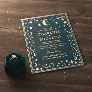Invitación Con Relieve Metalizado Boda Oro Constelación Celeste