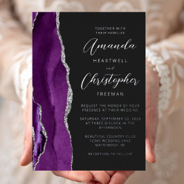 Invitación Con Relieve Metalizado Boda Oscura Agate Morado Plata Escritura