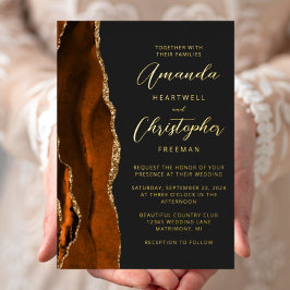 Invitación Con Relieve Metalizado Boda Oscura Agate Naranja Quemada Dorada Script