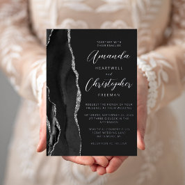 Invitación Con Relieve Metalizado Boda Oscura Agate Negro Plateado Escritura