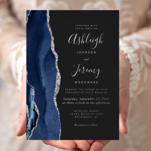 Invitación Con Relieve Metalizado Boda oscura azul marino plata ágata moderna