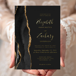 Invitación Con Relieve Metalizado Boda oscura de ágata negra dorada moderna