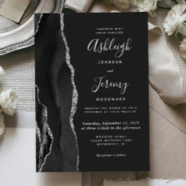 Invitación Con Relieve Metalizado Boda oscura de ágata negra plateada moderna