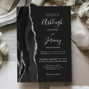 Invitación Con Relieve Metalizado Boda oscura de ágata negra plateada moderna