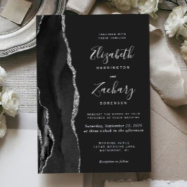 Invitación Con Relieve Metalizado Boda oscura de ágata negra plateada moderna