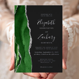 Invitación Con Relieve Metalizado Boda oscura de ágata plateada y verde cazador mode