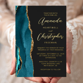 Invitación Con Relieve Metalizado Boda Oscura Escritura Dorada Azul Aguamarina Ágata