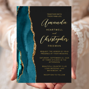 Invitación Con Relieve Metalizado Boda Oscura Escritura Dorada Azul Aguamarina Ágata