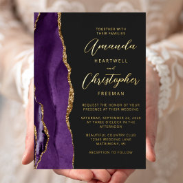 Invitación Con Relieve Metalizado Boda Oscura Escritura Dorada Púrpura Ágata