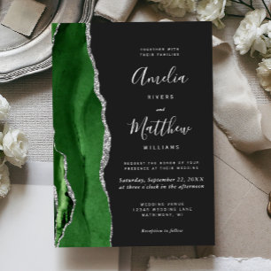 Invitación Con Relieve Metalizado Boda Oscura Moderna Caza Verde Plata Ágata