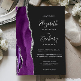 Invitación Con Relieve Metalizado Boda oscura moderna de plata y ágata púrpura