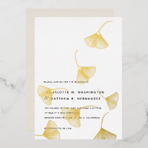 Invitación Con Relieve Metalizado Boda Otoñal de Hojas de Ginkgo Doradas Caídas