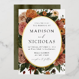 Invitación Con Relieve Metalizado Boda ovalada floral boho de otoño