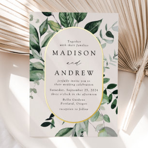 Invitación Con Relieve Metalizado Boda Óvalo Cremoso y Dorado con Abundante Verdor