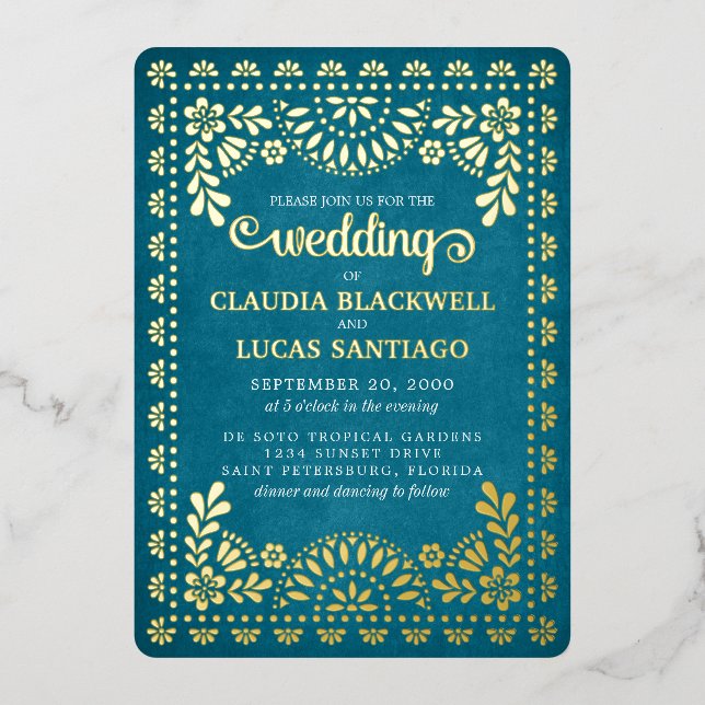 Invitación Con Relieve Metalizado Boda Papel Picado (Anverso)