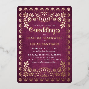 Invitación Con Relieve Metalizado Boda Papel Picado Borgoña