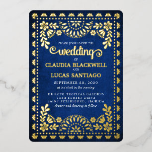 Invitación Con Relieve Metalizado Boda Papel Picado Navy