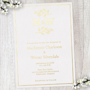 Invitación Con Relieve Metalizado Boda Pareja Monograma Iniciales Oro Minimalista