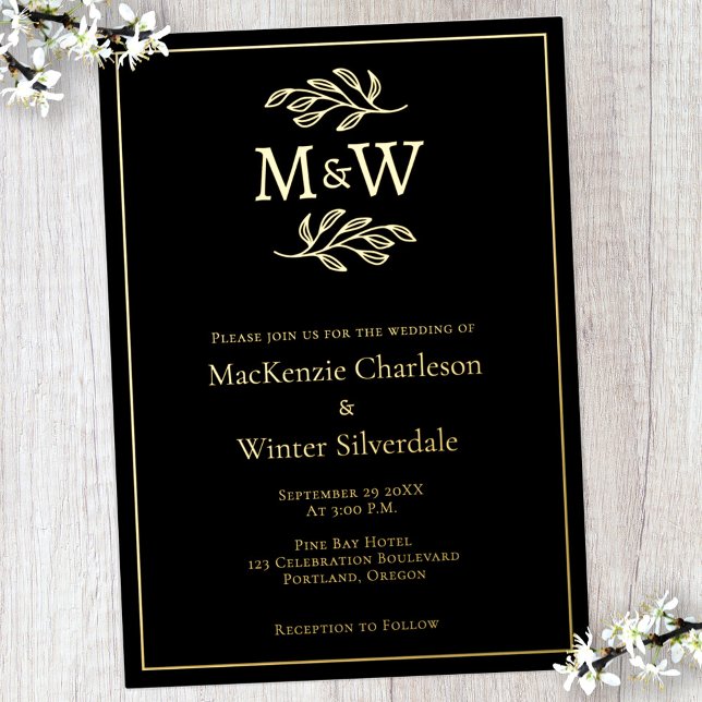 Invitación Con Relieve Metalizado Boda Pareja Monograma Iniciales Oro Negro (Modern black gold foil wedding invitation with couple monogram initials and botanical line art)