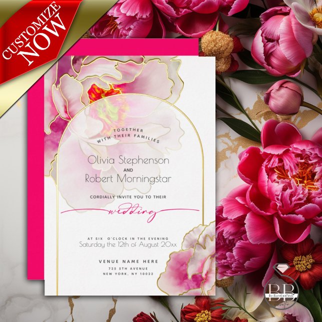 Invitación Con Relieve Metalizado Boda | Peonía Carmesí Brillante Audaz Impresionant (Easy to Personalize Template - Part of a matching wedding suite)
