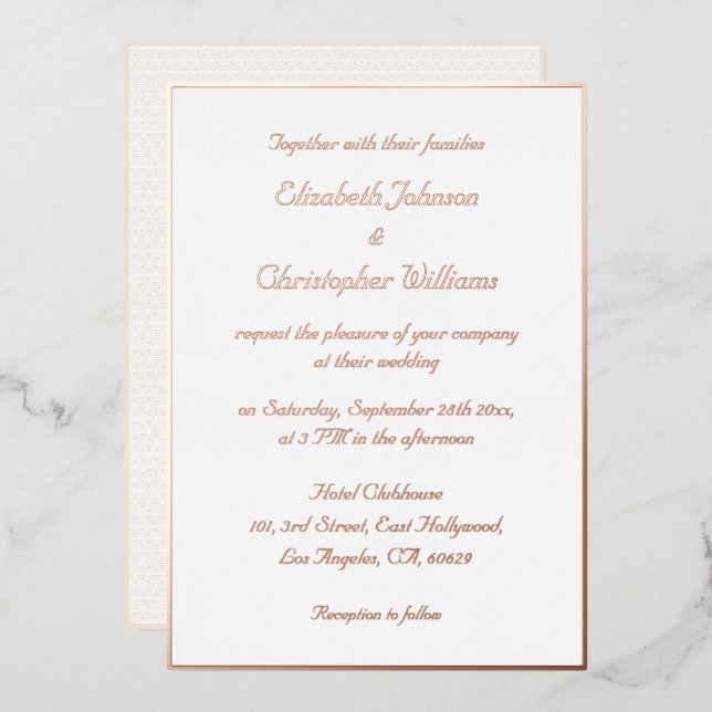 Invitación Con Relieve Metalizado Boda personalizada moderna de oro rosa y blanco el (Anverso/Reverso)