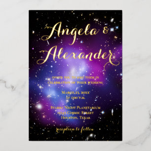 Invitación Con Relieve Metalizado Boda Planetario Cúmulo Galaxia Púrpura