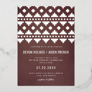 Invitación Con Relieve Metalizado Boda Plata Resplandor Suroeste Rojo Borgoña