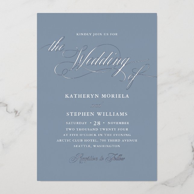 Invitación Con Relieve Metalizado Boda plateado de escritura clásica romana (Anverso)
