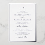 Invitación Con Relieve Metalizado Boda plateado monogramado<br><div class="desc">Simple,  elegante y elegante,  esta invitación formal a la boda incluye un elegante borde,  un monograma de novia y novio,  y un elegante guión de caligrafía presionado en un Relieve metalizado de plata real.</div>